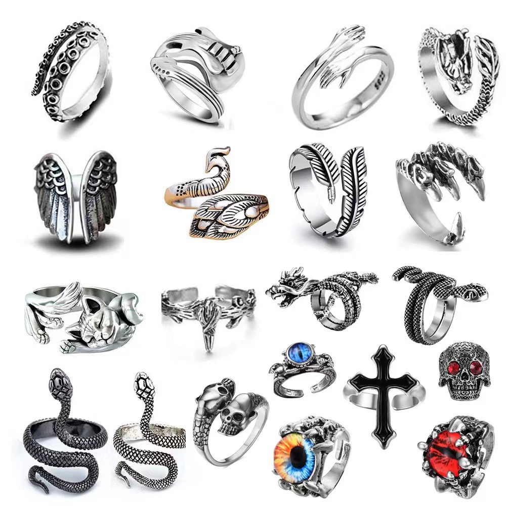 Retro Adjustable Ring Set, Punk Style, Alloy Electroplated, 16-Piece Mix (Adjustable)