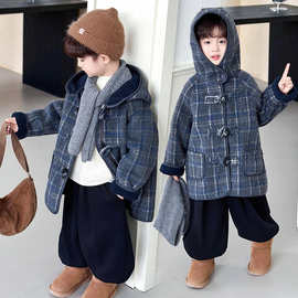 男童冬装格子连帽呢大衣2025新款韩版儿童一体绒外套中小童上衣