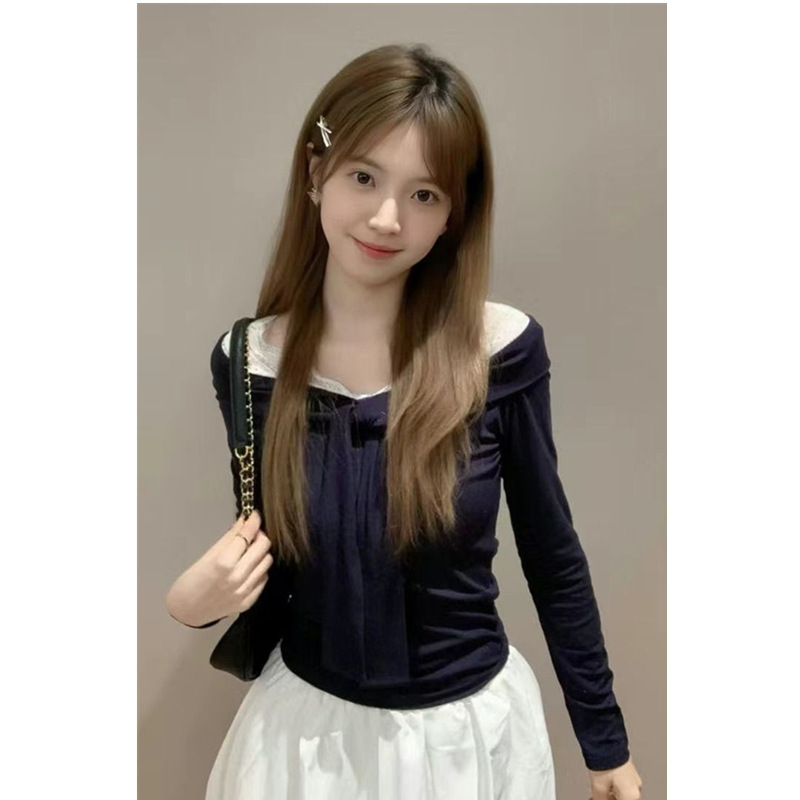 法式藏蓝色蕾丝拼接披肩长袖T恤女秋2025新款修身设计感高级上衣