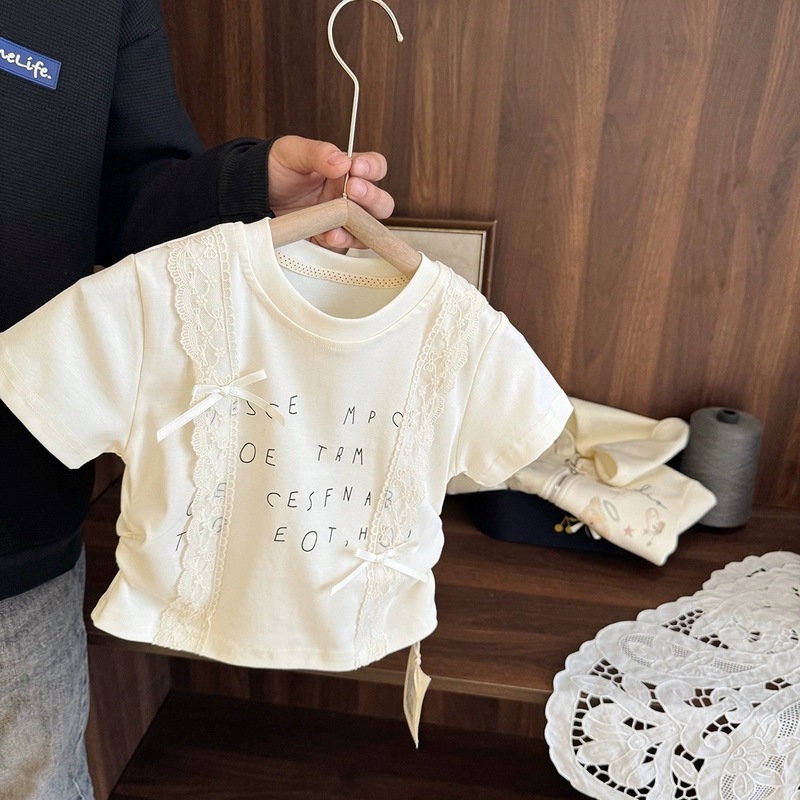 半袖Tシャツ夏薄い韓国風女の子文学レターショートスタイルベビーガールズファッショナブルなウエストトップ女の子用|undefined