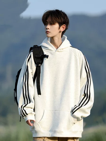 320g Heavyweight American Three-Stripe Sweatshirt Men's Pure Cotton Versatile Jacket Spring and Autum Loose Trendyy Sweatshirt Men