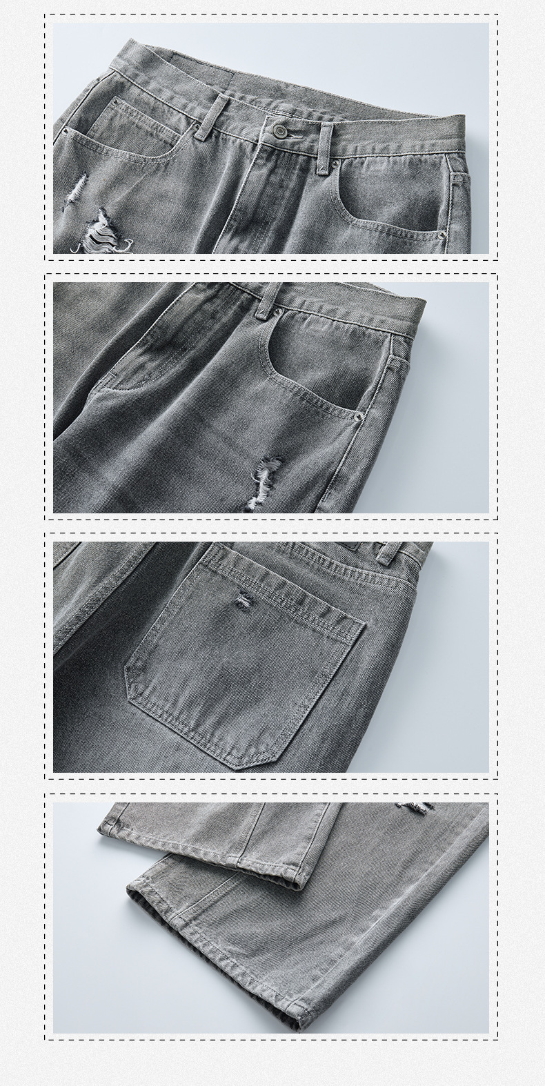 Men's High Street Jeans Trendy Sophisticated Loose Straight Leg Washed Distressed Ripped Long Pants Midweight Cotton_mkmklike.com