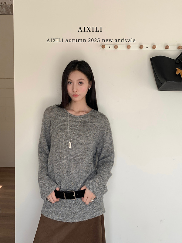 爱西里2025秋简约宽松百搭慵懒风圆领彩点杂色长袖针织衫A1586|undefined