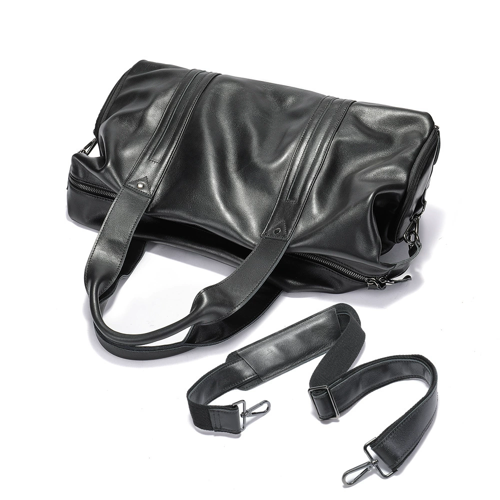 Leather sports travel bag, capacious luggage sports bag for training, cowhide