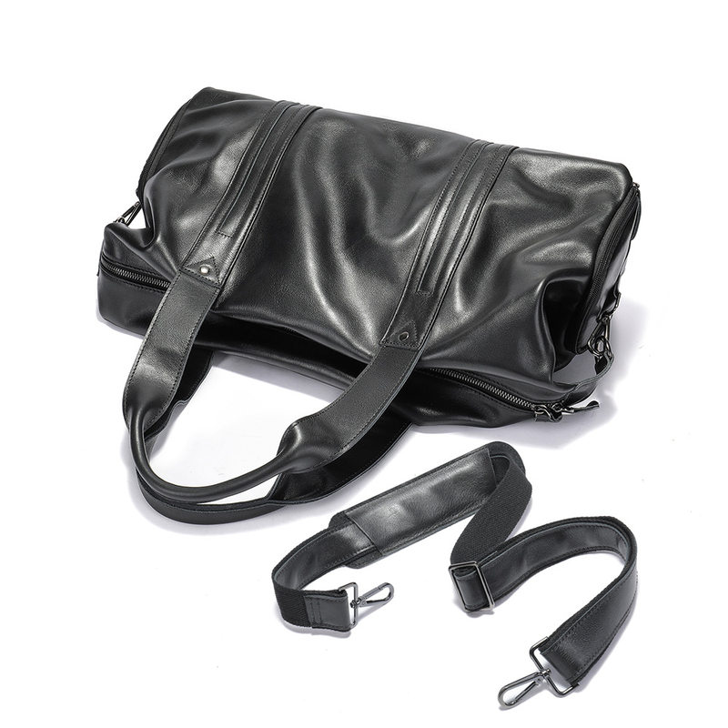 Túi du lịch nam da bò lớp đầu Malute dung tích lớn 20–35L, túi tập gym kiêm túi hành lý đi công tác ngắn ngày có ngăn khô và ướt — Màu đen