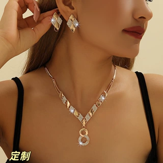 跨境轻奢水钻首饰套装金属菱形拼接项链耳环女士礼服配饰现货批发