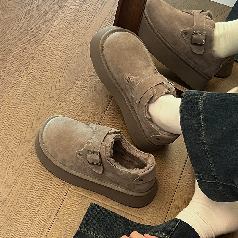 Женские сабо Birkenstock на толстой подошве для увеличения роста, новинка 2025 года, без застежек, на флисовой подкладке, утолщенные, теплые, нескользящие, повседневные хлопковые туфли.