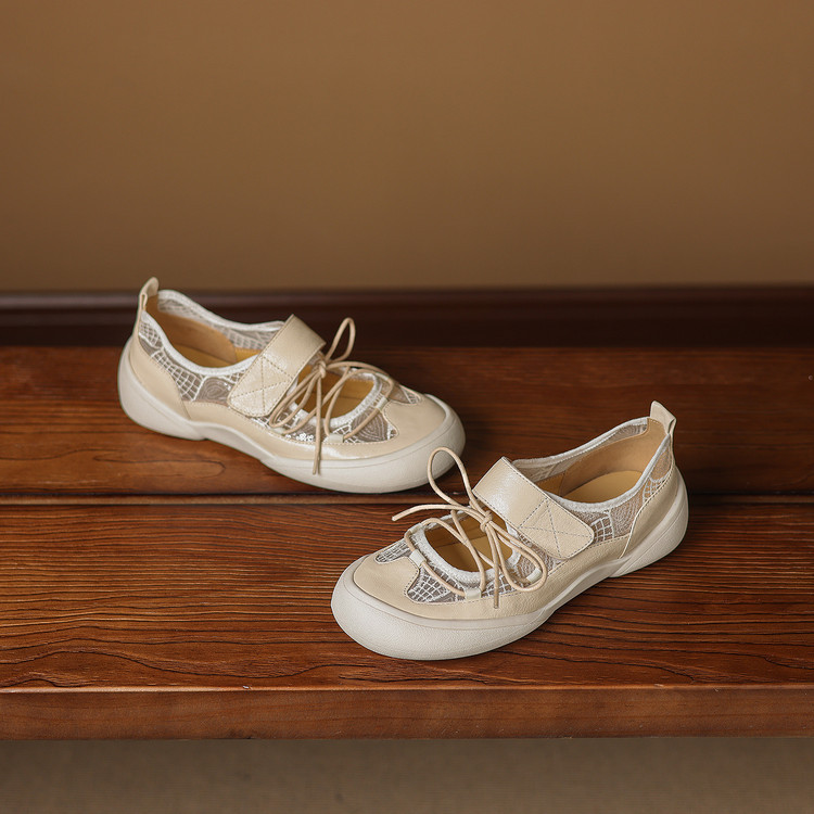 Giày sneaker nữ đế dày ren lưới phối màu cổ thấp — màu trắng ngà chi tiết 32
