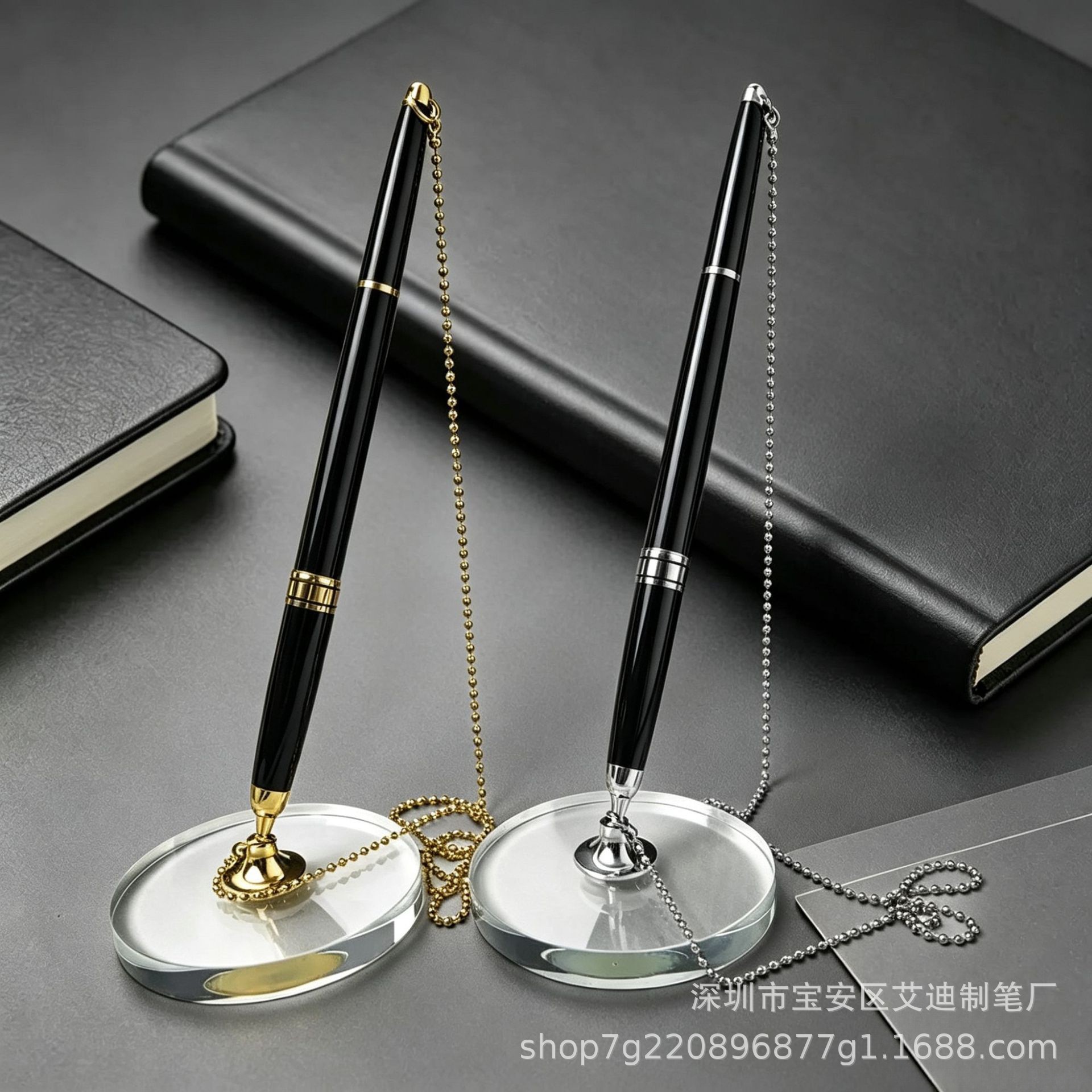 Business office metal chain desk pen, desktop pen with crystal base, conference signature desk pen, hotel and bank signature pen