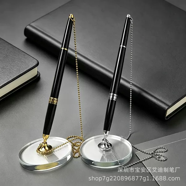 Business office metal chain desk pen, desktop pen with crystal base, conference signature desk pen, hotel and bank signature pen