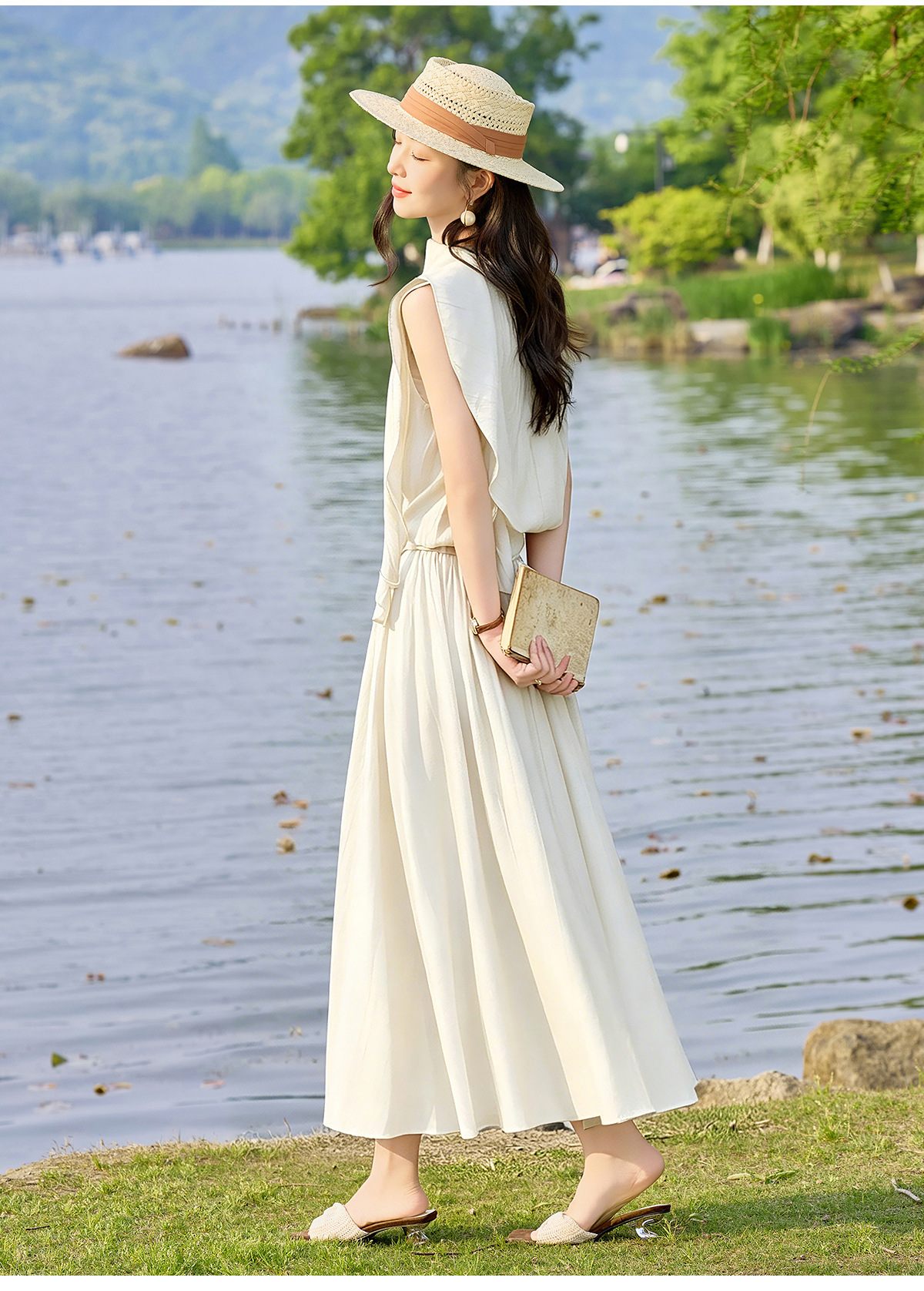 Bộ hai mảnh gồm áo không tay và chân váy midi phong cách thanh lịch — màu đen, màu trắng ngà, xanh lá cây chi tiết 8