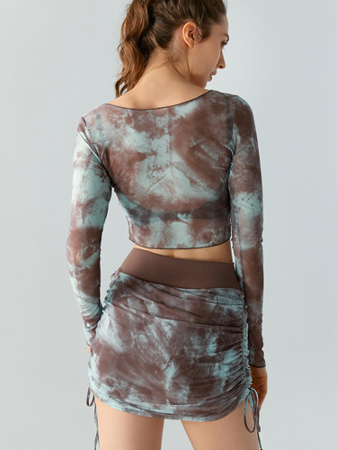 Sexy fitness top with print, mesh long-sleeved sport sweatshirt for women, loose and slimming, high-end yoga wear