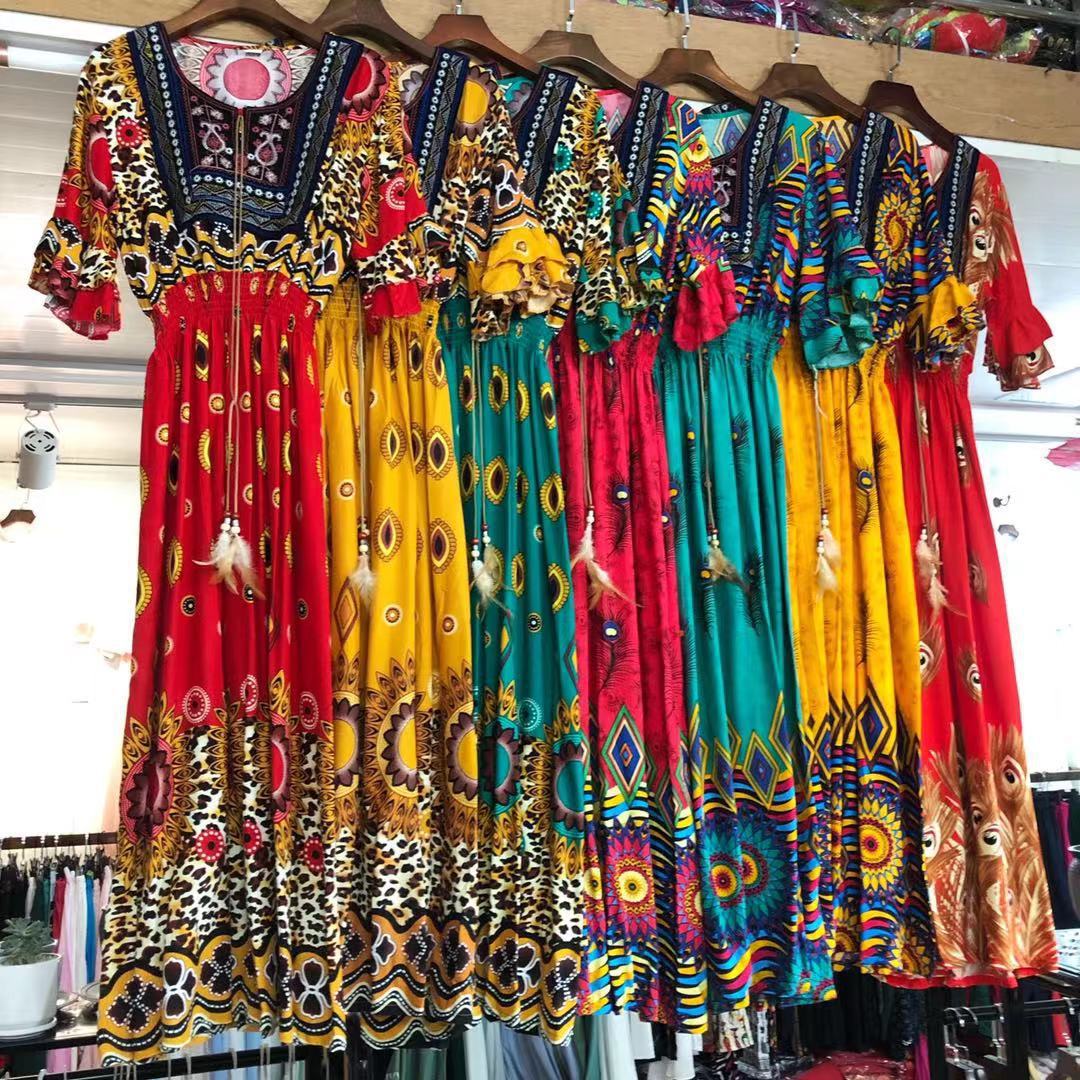 民族风连衣裙 2024夏季新款人棉印花云南大理泰国新疆旅游沙滩裙