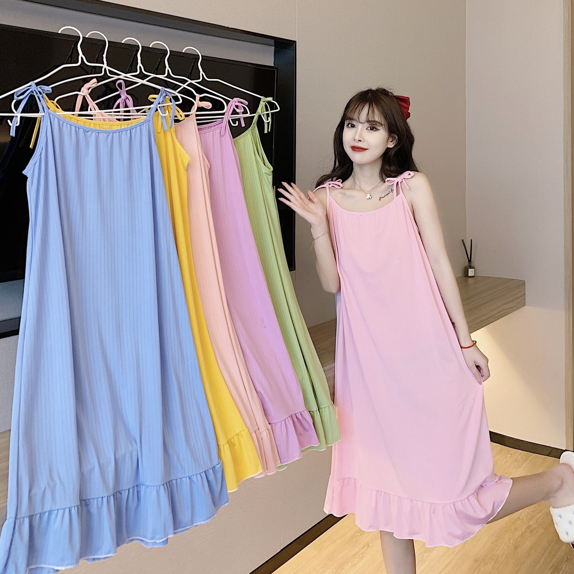 Directo de fábrica del camisón verano puro deseo estilo arco Correa pijamas mujeres japonés Dulce fino sedoso desgaste hogar