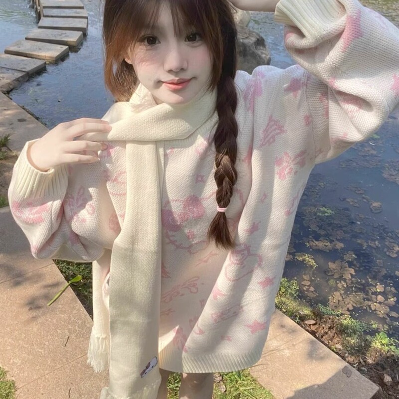 Original National Fashion cartoon Hello Kitty sweater women's pullover autumn and winter loose sweet round neck sweater lazy couple Original National Fashion cartoon Hello Kitty sweater women's pullover autumn and winter loose sweet round neck sweater lazy couple