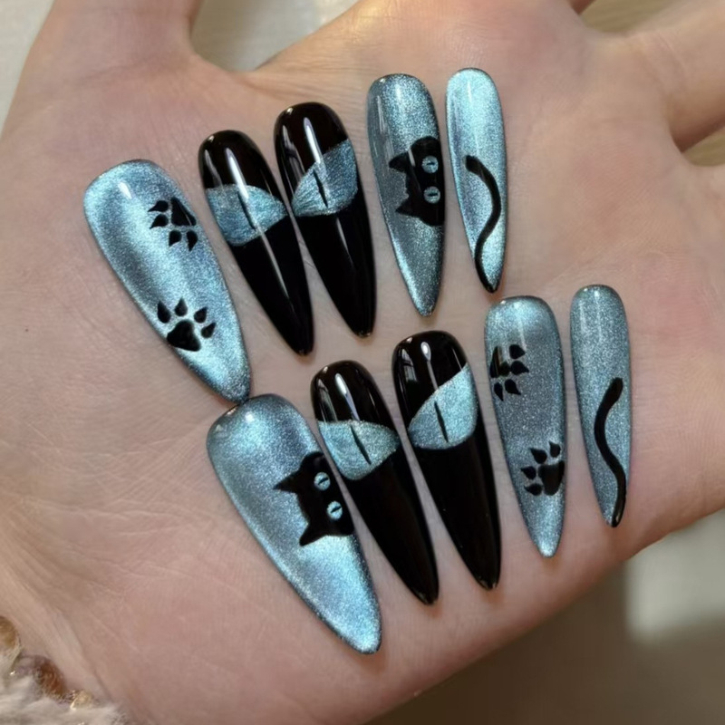 Blue-black cat-eye, paw and tail design, high-end, mysterious, niche, new style, beautiful fake nail patches, cross-border Blue-black cat-eye, paw and tail design, high-end, mysterious, niche, new style, beautiful fake nail patches, cross-border