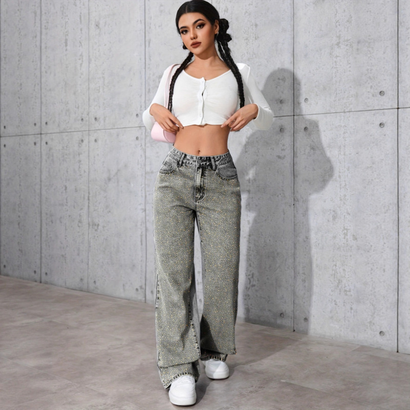 Y2K Women's Elegant Fashion Full Pants Hot Diamond Gray Denim Straight-Leg Trousers, Shiny Golden Yellow Hot Diamond Decoration
