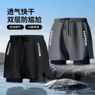 2025 New Men's Swimming Trunks Quick-Drying Double-Layer Anti-Embarrassment Loose Large Size Boxer Beach Swimming Hot Spring Wholesale