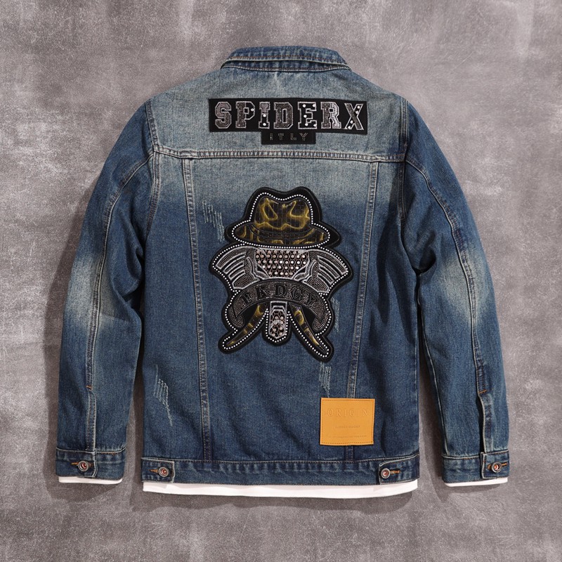 Herr denimjacka läderstil broderi lyxig motorcykelstil_voghion.com