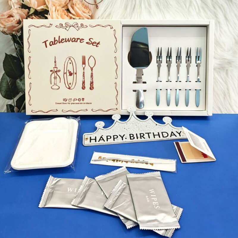 Stainless steel cake knife and fork set, birthday tableware, candle holders, gift boxes, disposable