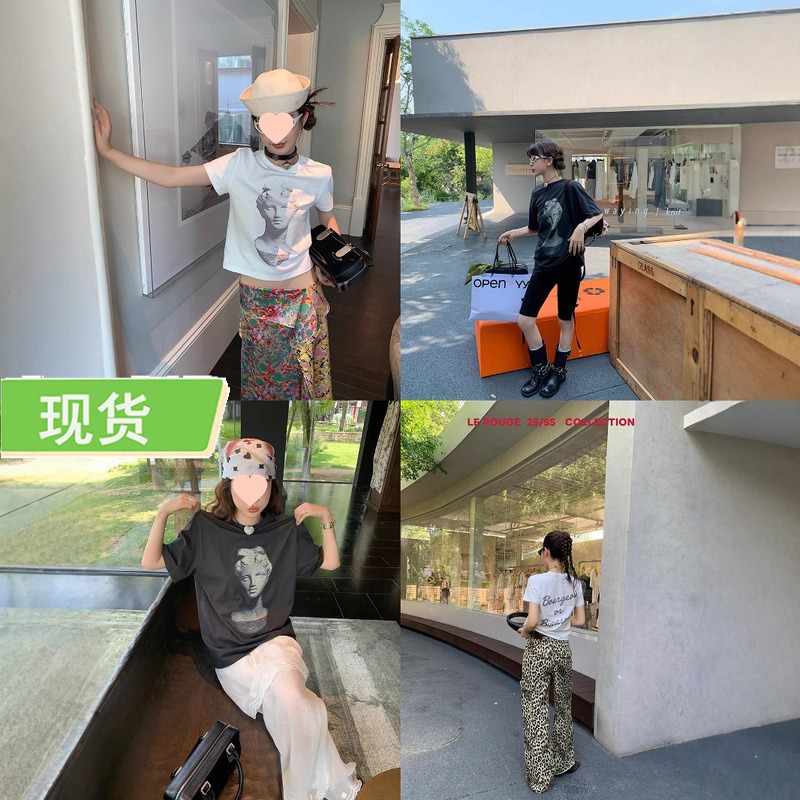 Le Rouge Zhou Meimei Aesthetic Hunter Art Plaster Statue Printed Round Neck Right Shoulder Loose T-Shirt