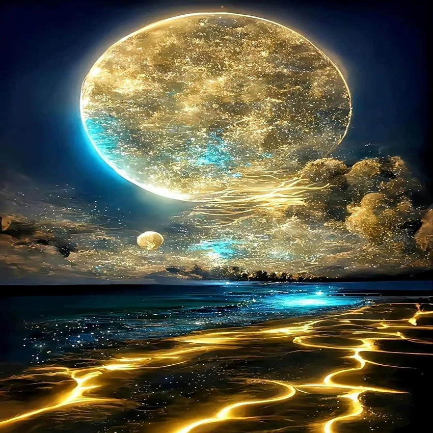 Pintura de diamantes DIY transfronteriza al por mayor, 5D, superventas, con diseño de luna junto al mar, diamantes redondos, diamantes completos, diamantes cuadrados, pintura decorativa para sala de estar