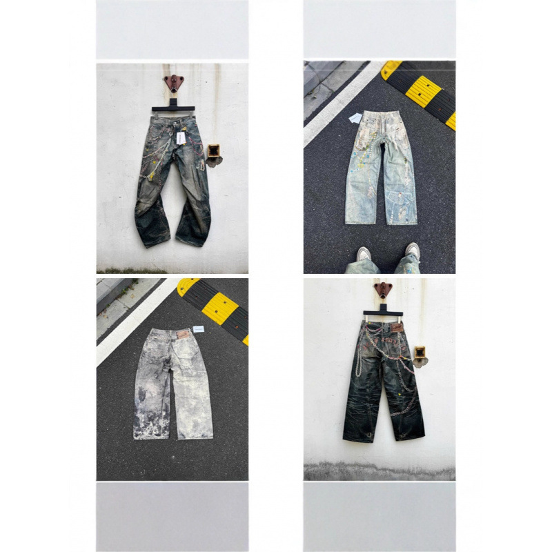 Trendy Hand-Painted Splatter Ink Ripped Jeans with Graffiti and Water Ripple Design, Loose Wide-Leg Jeans, Unisex Style Trendy Hand-Painted Splatter Ink Ripped Jeans with Graffiti and Water Ripple Design, Loose Wide-Leg Jeans, Unisex Style