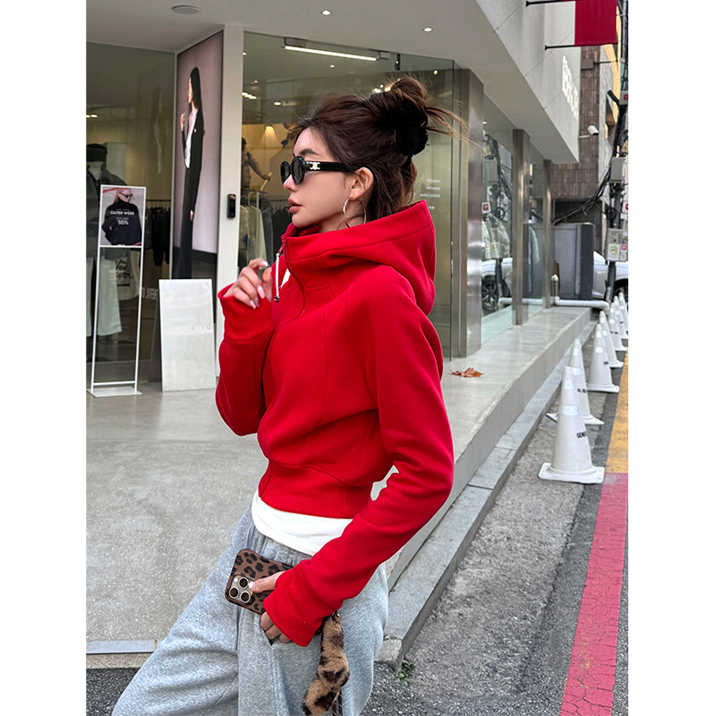 李婉君lulu厚款连帽拉链卫衣外套女秋冬款露露修身短款运动上衣|undefined
