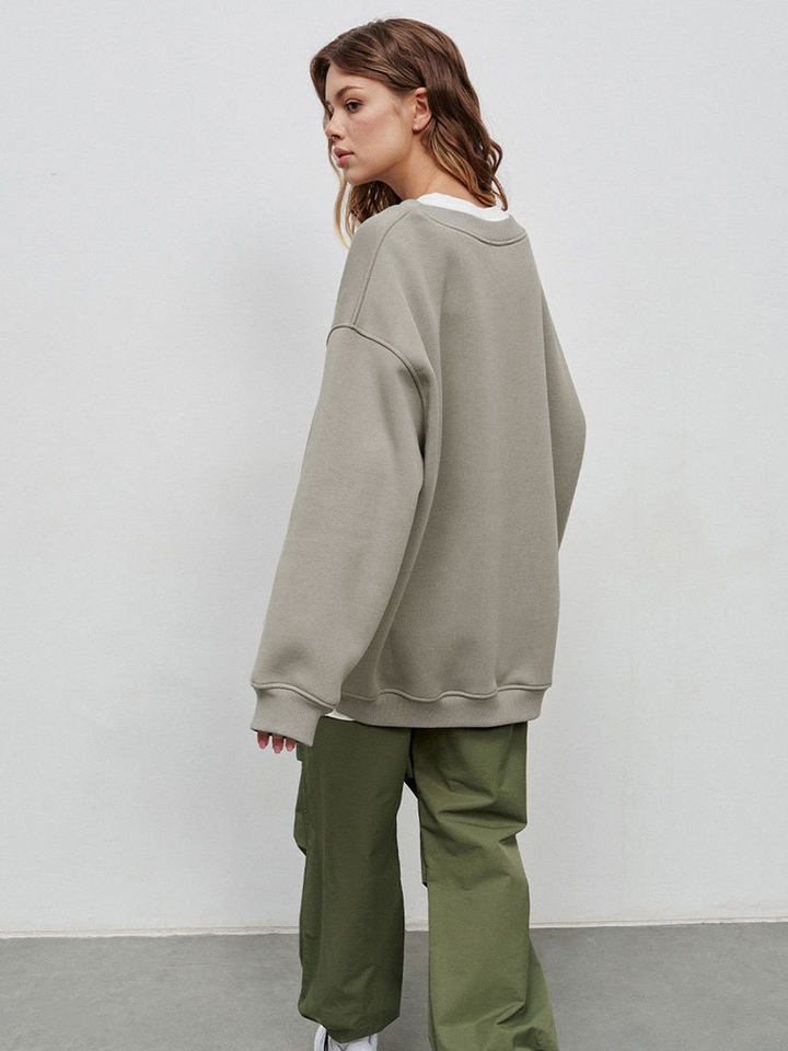 Áo sweatshirt nữ cổ tròn dáng rộng oversize tay dài chất liệu nỉ lông — Hoa màu xám, Màu cà phê, Màu trắng, Xanh navy chi tiết 34