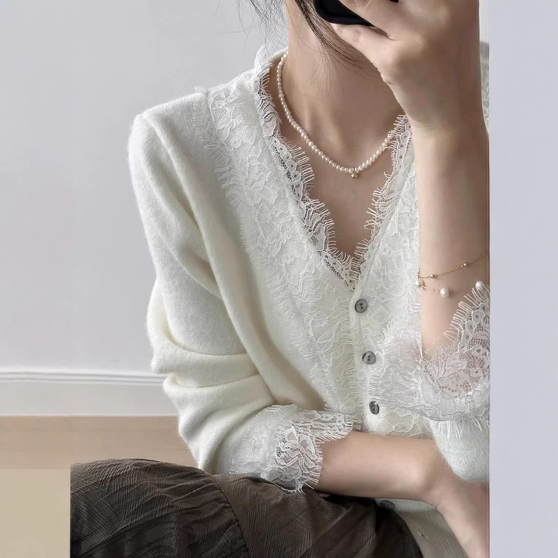 Spring and Autumn V Neck Wool Cardigan Women's Loose Korean Style Lace Thin Short Splicing Long-Sleeved Knitted Bottoming Shirt Jacket