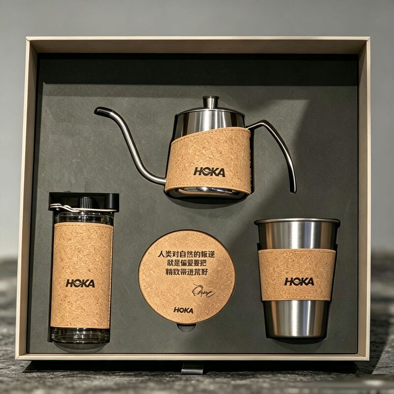 Hand-brewed coffee pot set, eco-friendly cork business gift, 304 stainless steel coffee cup, outdoor hand-cranked coffee grinder