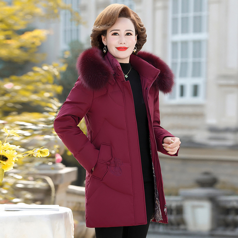 Counter White Duck Down Jacket Women's Middle and Long 2024 Winter New Thickened Warm Middle-aged Mother's Fur Collar Jacket