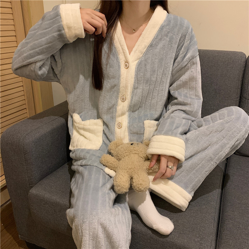 Pijamas de lana de coral con cuello de muñeca dulce francés para mujer más terciopelo engrosado ropa de hogar de franela de invierno traje de gran tamaño invierno