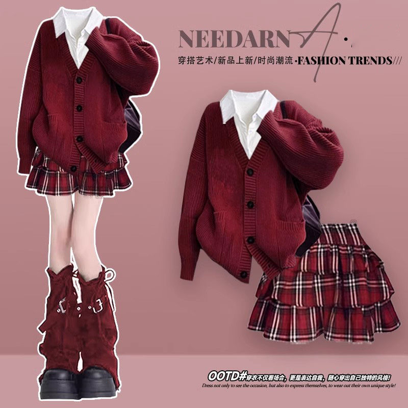 学院风万圣节服装针织毛衣外套装女秋冬安可雷小个子红色连衣裙子