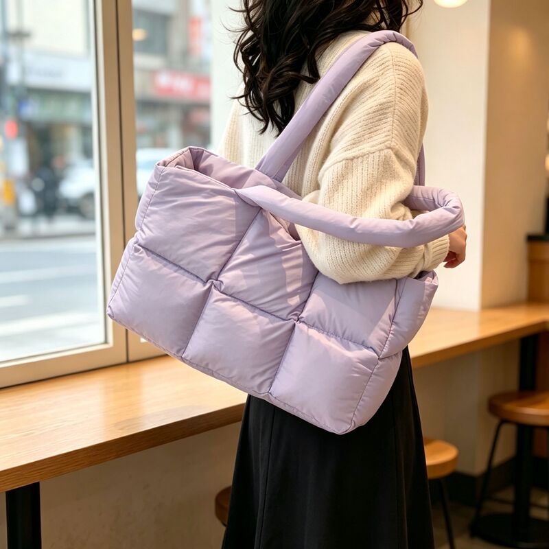 Cross-Border Korean-Style down Bag, Versatile Women's Bag, Simple Cotton-Filled Space Bag, Tote Bag, Soft Checkered Underarm Shoulder Bag Cross-Border Korean-Style down Bag, Versatile Women's Bag, Simple Cotton-Filled Space Bag, Tote Bag, Soft Checkered Underarm Shoulder Bag