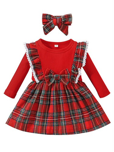 INS Baby Fashion Checkered Dress Christmas Children Long Sleeve Checkered Dress with Bow
