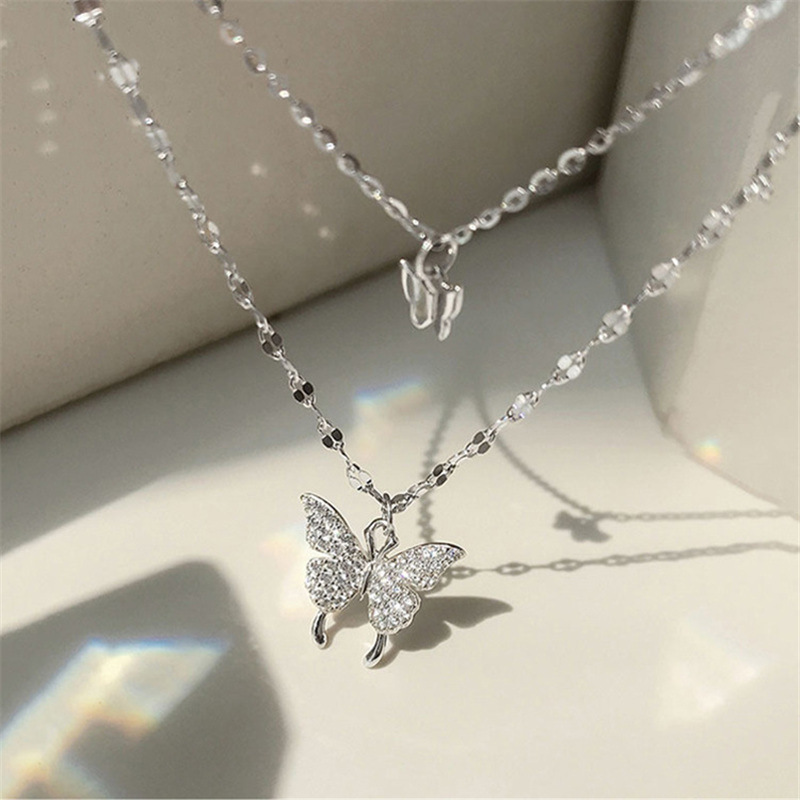Double Layer Butterfly Pendant Necklace With Diamonds For Women_voghion.com