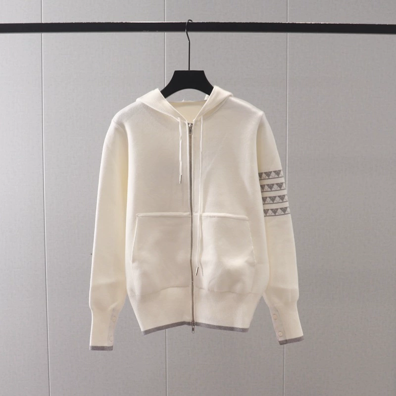 Demi‑season knitted hooded jacket, long sleeve with drawstring, sizes S–L