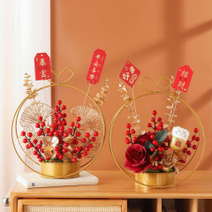 Bulk New Year Decoration Wealth Berry Ilex Berry Red Berry Iron Wire Basket Moving House Desktop Artificial Flower Ornament