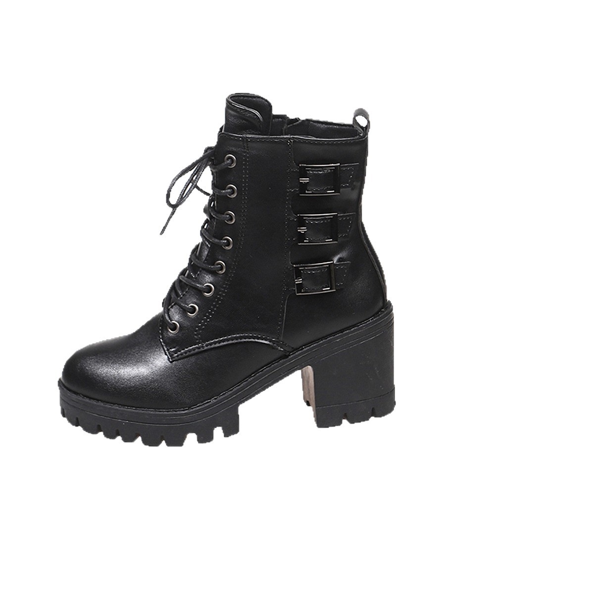 Damen-Motorradstiefel im britischen Stil mit hohem Absatz, Gürtelschnalle, aus PU-Wildleder, in Übergröße, einfarbig schwarz, mandelförmige Zehenpartie_voghion.com