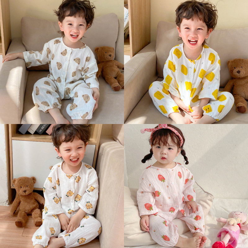 2022春夏季兒童純棉麻薄款卡通家居服男女童睡衣寶寶長袖韓版套裝