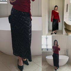 诠释美 NEWOPEN 25秋法式名媛高级重工气质亮片直筒半身裙女F6226