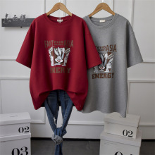 大码女装卡通版显瘦正肩磨毛短袖t恤女秋冬洋气加厚内搭胖mm打底T