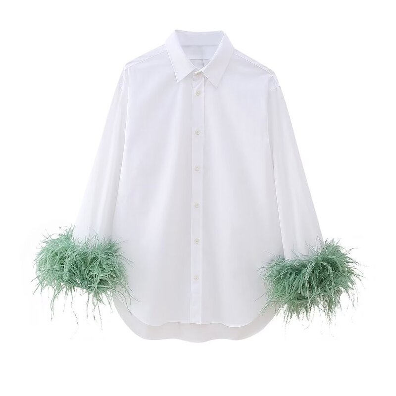 Foreign trade 2023 European and American autumn New elegant lapel cuff furry single-breasted white shirt for women