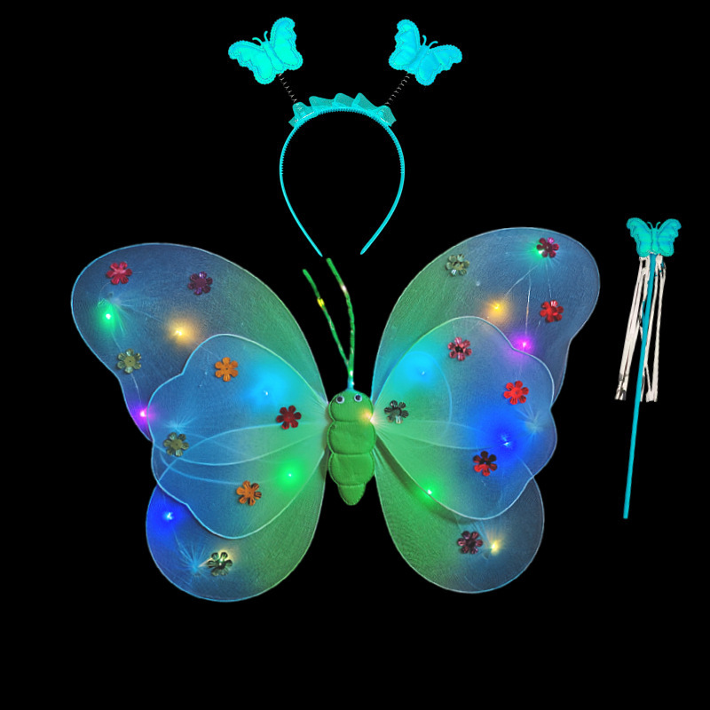 Mariposa luminosa alas de niña espalda juguetes flash niños maravillosos hadas varitas mágicas hadas flores set de tres piezas