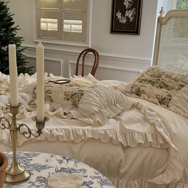 Nordic Vintage Four Piece Bedding Set Pure Cotton Princess Style_voghion.com
