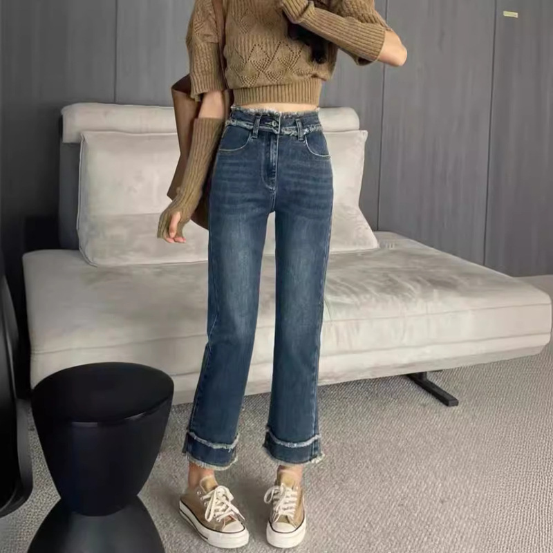 fleece-lined Thickened High Waist Jeans Women's 2024 Winter New Double-Layer Rouge Slim-Fit Slimming Cropped Straight Pants