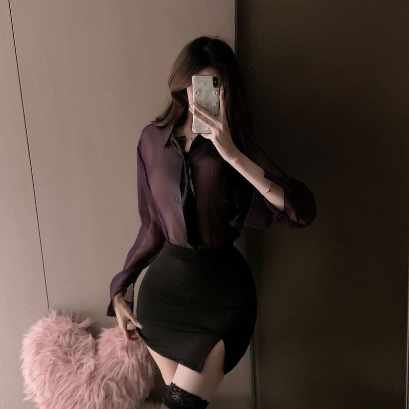 Purple Sexy Lingerie Shirt Set, Pure Desire Academy Style Two-Piece Uniform, Secretary-Style Bodycon Short Skirt with Slit, Socialite Style Purple Sexy Lingerie Shirt Set, Pure Desire Academy Style Two-Piece Uniform, Secretary-Style Bodycon Short Skirt with Slit, Socialite Style