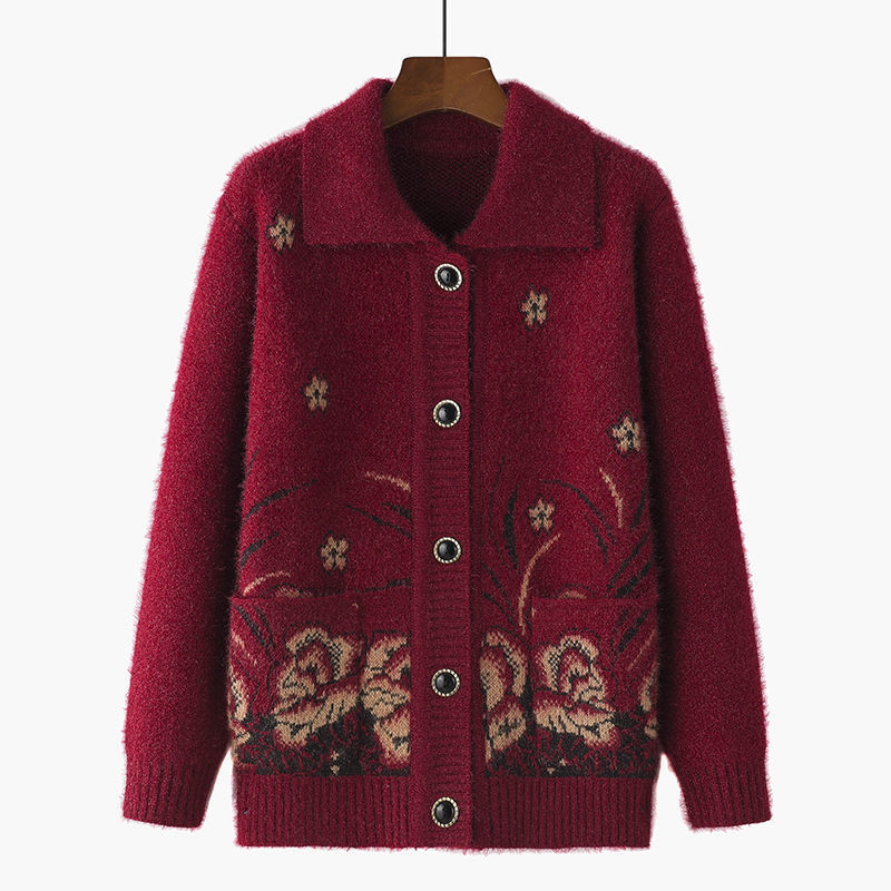 Old lady's new knitted jacket for autumn sweater for middle-aged and elderly women's loose square collar top