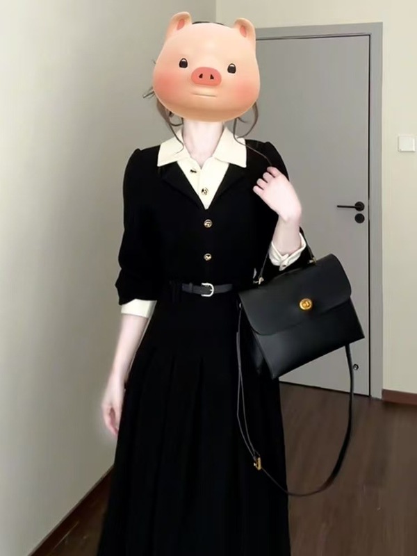 黑色假两件长袖连衣裙女秋季新款收腰气质高级感减龄中长款裙子|undefined